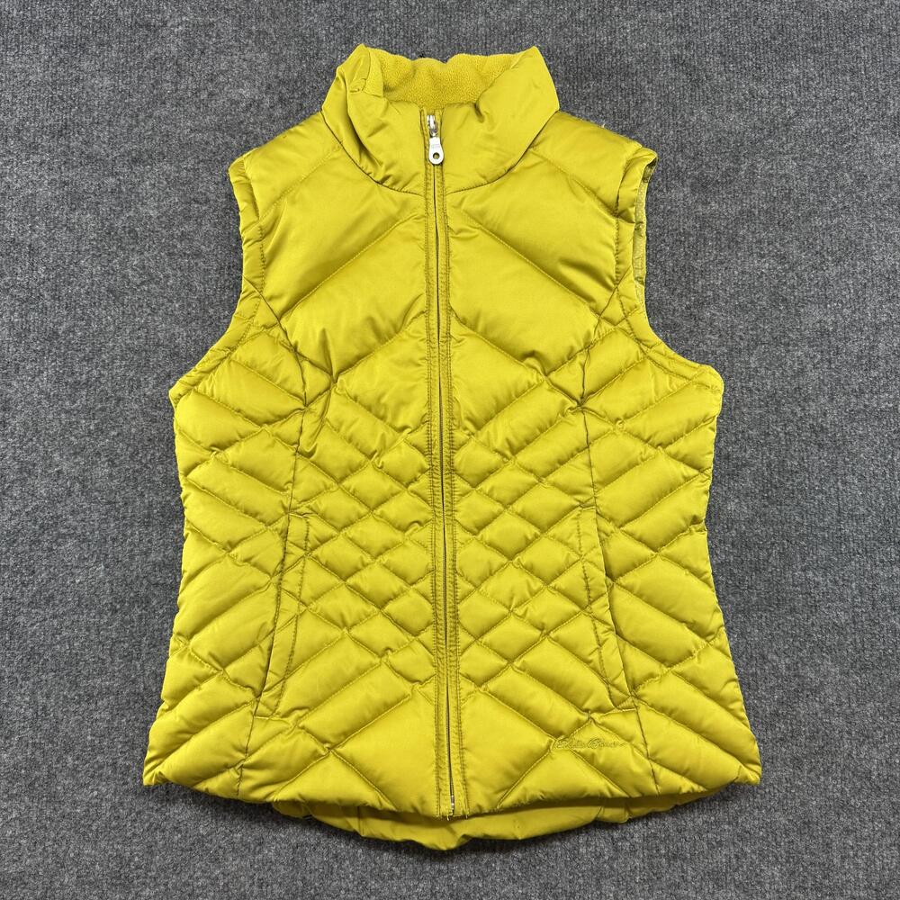Eddie Bauer Vest Womens Petite Small Yellow Goose Down Puffer Quilted Zip Fleece